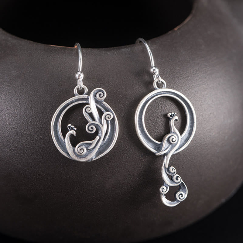 925 Sterling Silver Round Asymmetry Peacock Fortune Earrings