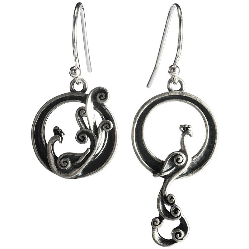 925 Sterling Silver Round Asymmetry Peacock Fortune Earrings - Image 8