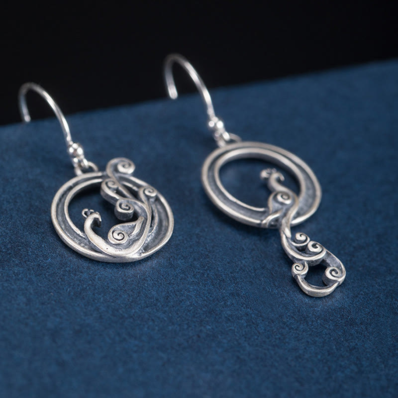 925 Sterling Silver Round Asymmetry Peacock Fortune Earrings - Image 6