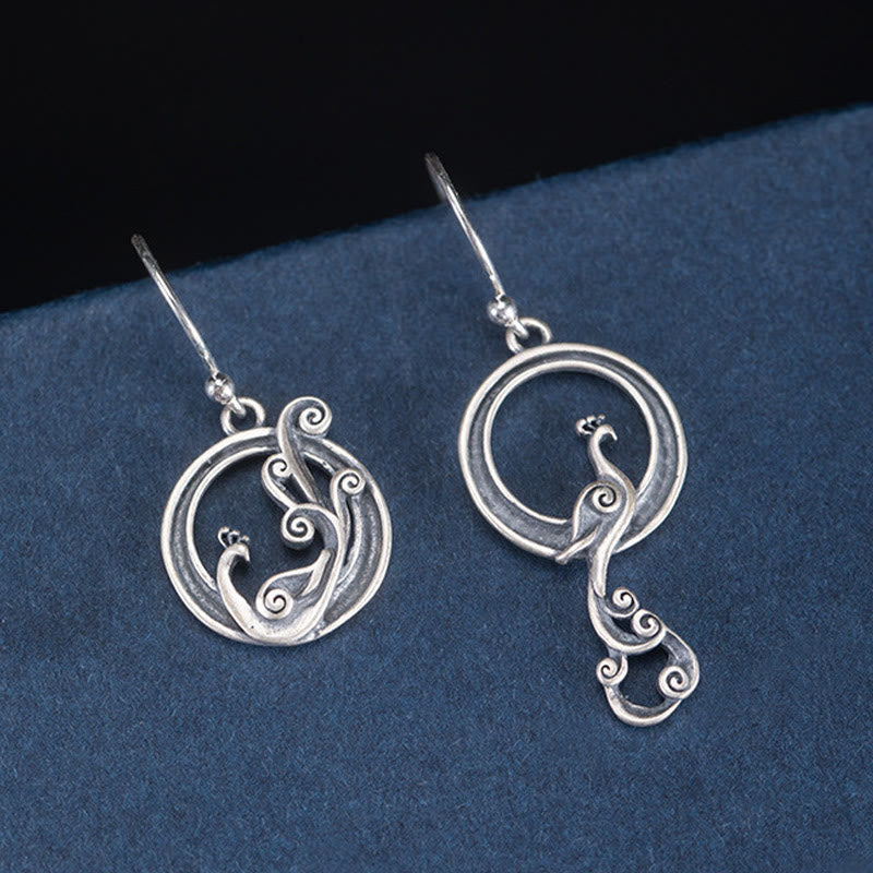 925 Sterling Silver Round Asymmetry Peacock Fortune Earrings - Image 7