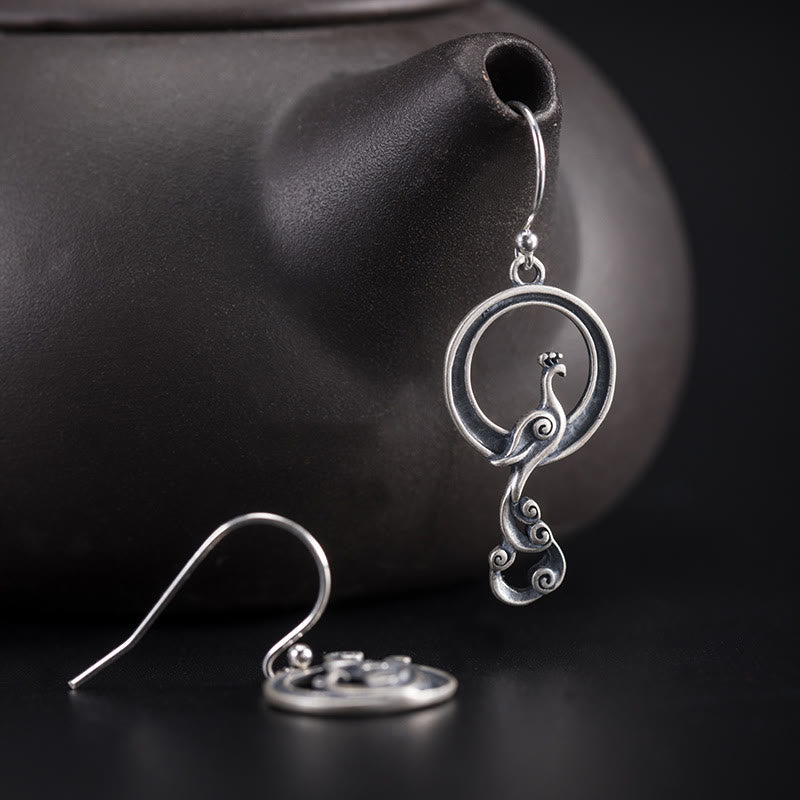 925 Sterling Silver Round Asymmetry Peacock Fortune Earrings - Image 5
