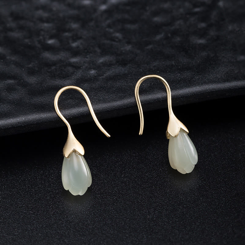 925 Sterling Silver Hetian Jade Magnolia Abundance Drop Earrings - Image 3
