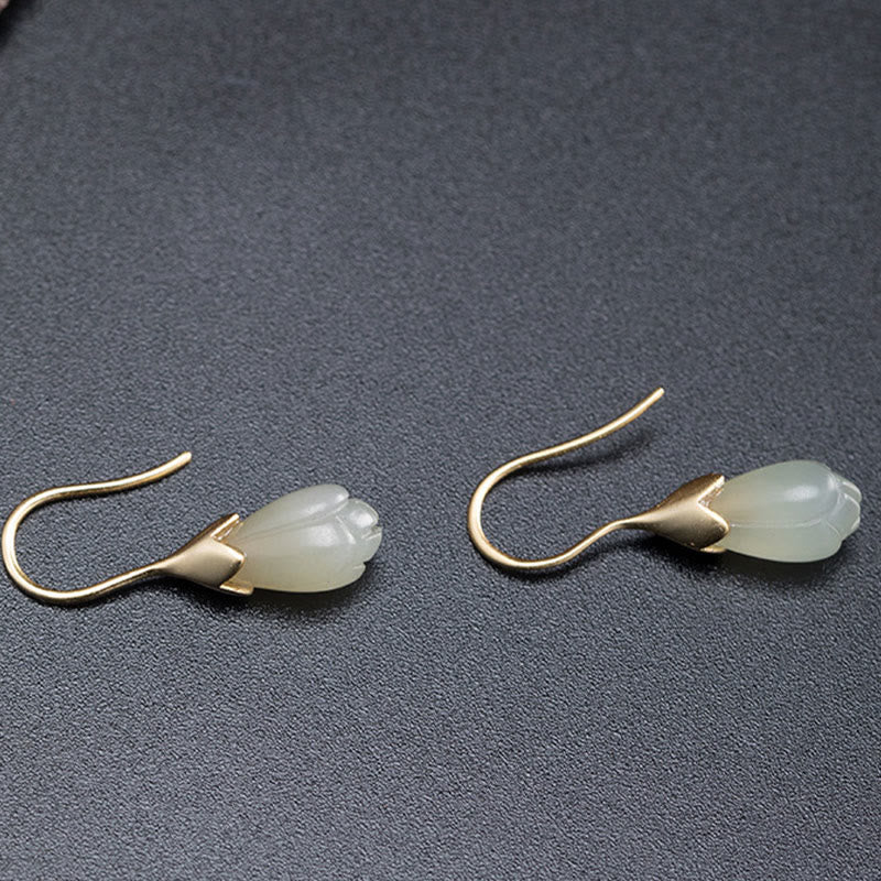 925 Sterling Silver Hetian Jade Magnolia Abundance Drop Earrings - Image 6