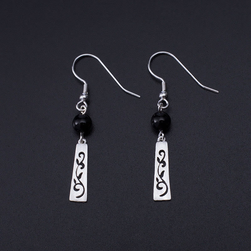 925 Sterling Silver Black Onyx Hollow Vine Protection Drop Earrings