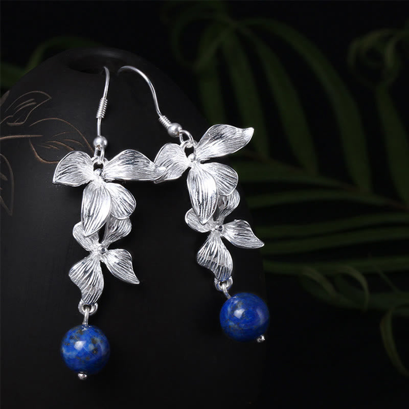 925 Sterling Silver Lazurite Ethnic Style Flower Positive Drop Earrings