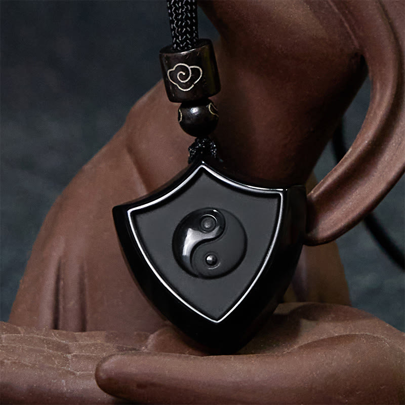 Black Obsidian Shield Pattern Yin Yang Symbol Strength Necklace Pendant - Image 3
