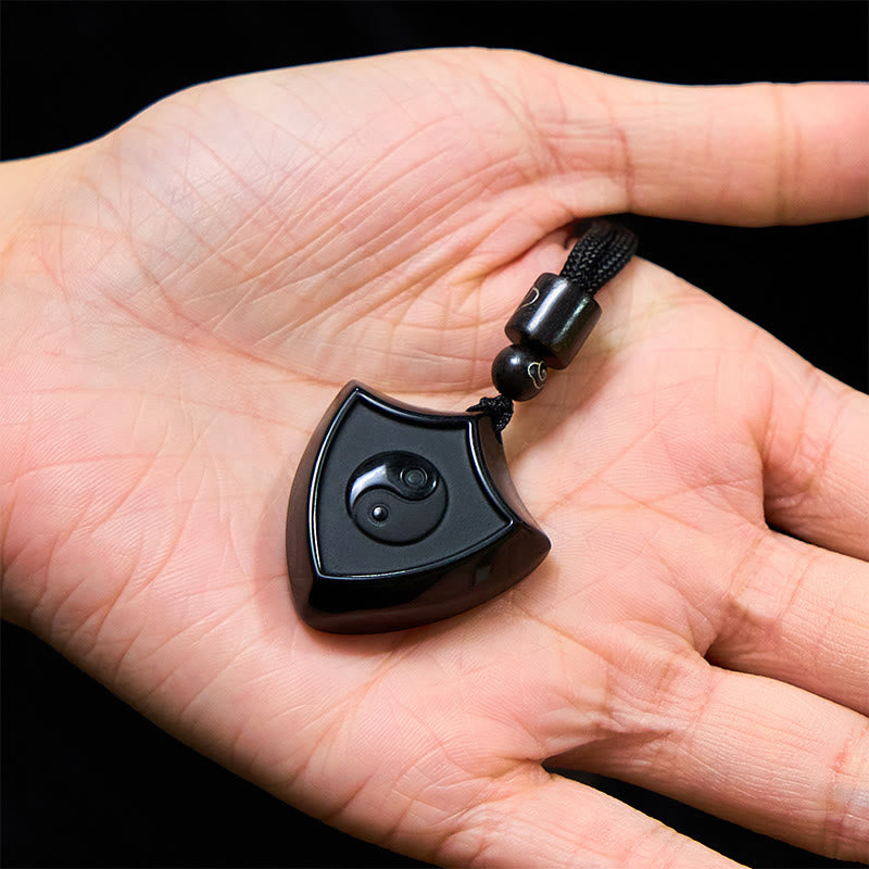 Black Obsidian Shield Pattern Yin Yang Symbol Strength Necklace Pendant - Image 6