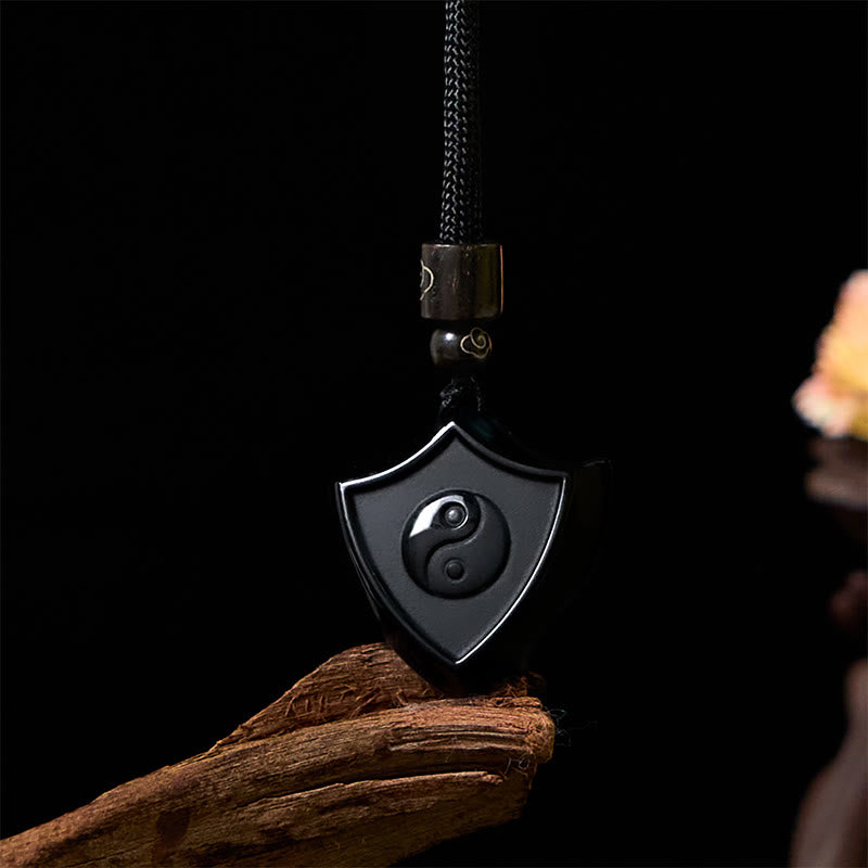 Black Obsidian Shield Pattern Yin Yang Symbol Strength Necklace Pendant