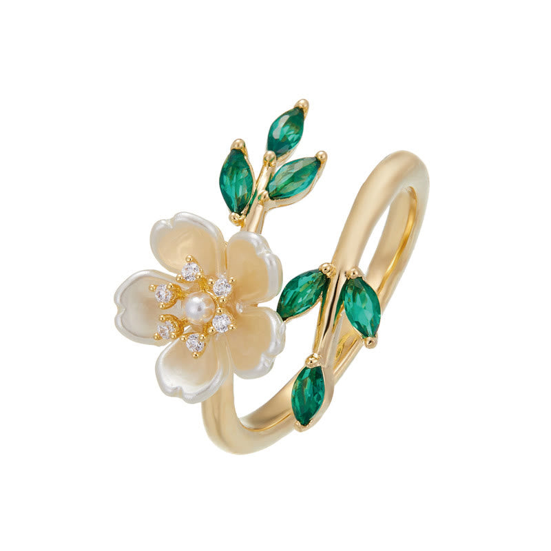 Pearl Flower Zircon Leaves Happiness Wealth Adjustable Ring - Image 8