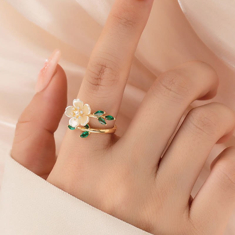 Pearl Flower Zircon Leaves Happiness Wealth Adjustable Ring - Image 5