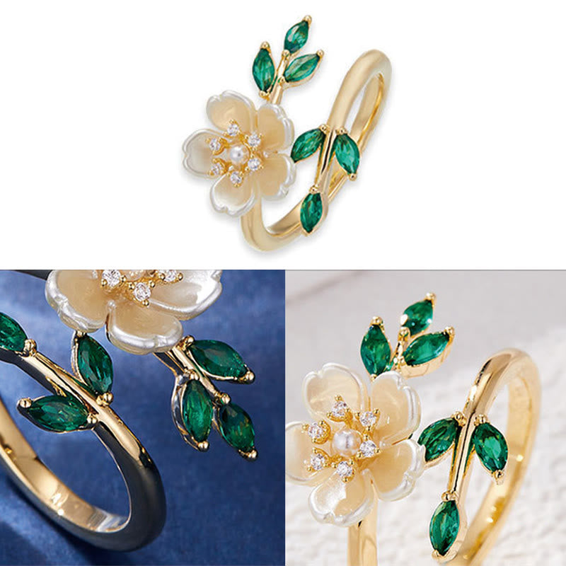 Pearl Flower Zircon Leaves Happiness Wealth Adjustable Ring - Image 7