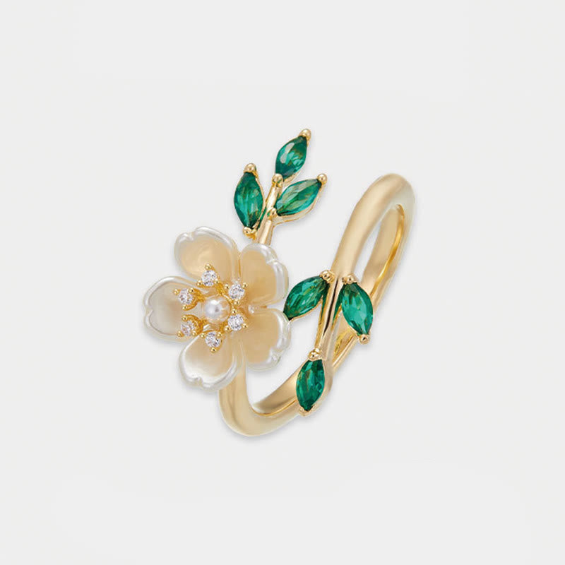 Pearl Flower Zircon Leaves Happiness Wealth Adjustable Ring - Image 6