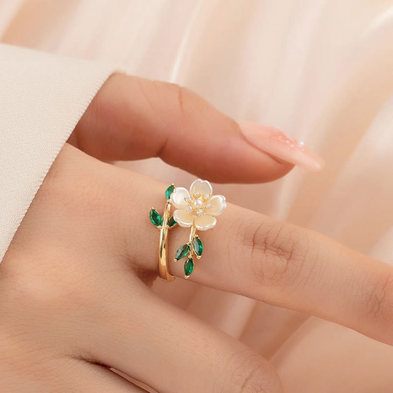 Pearl Flower Zircon Leaves Happiness Wealth Adjustable Ring