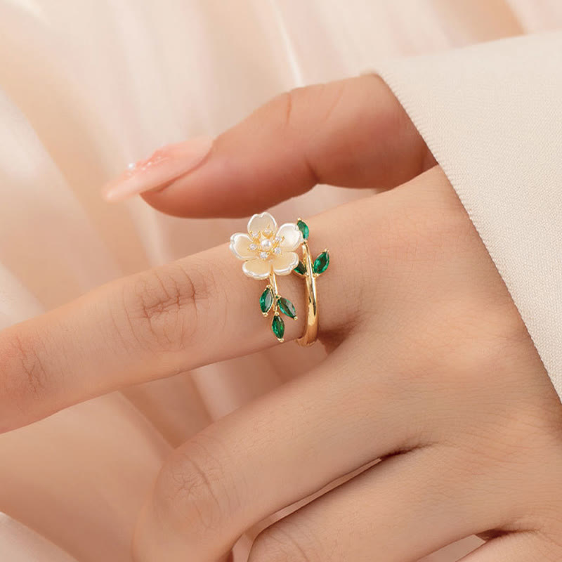 Pearl Flower Zircon Leaves Happiness Wealth Adjustable Ring - Image 4