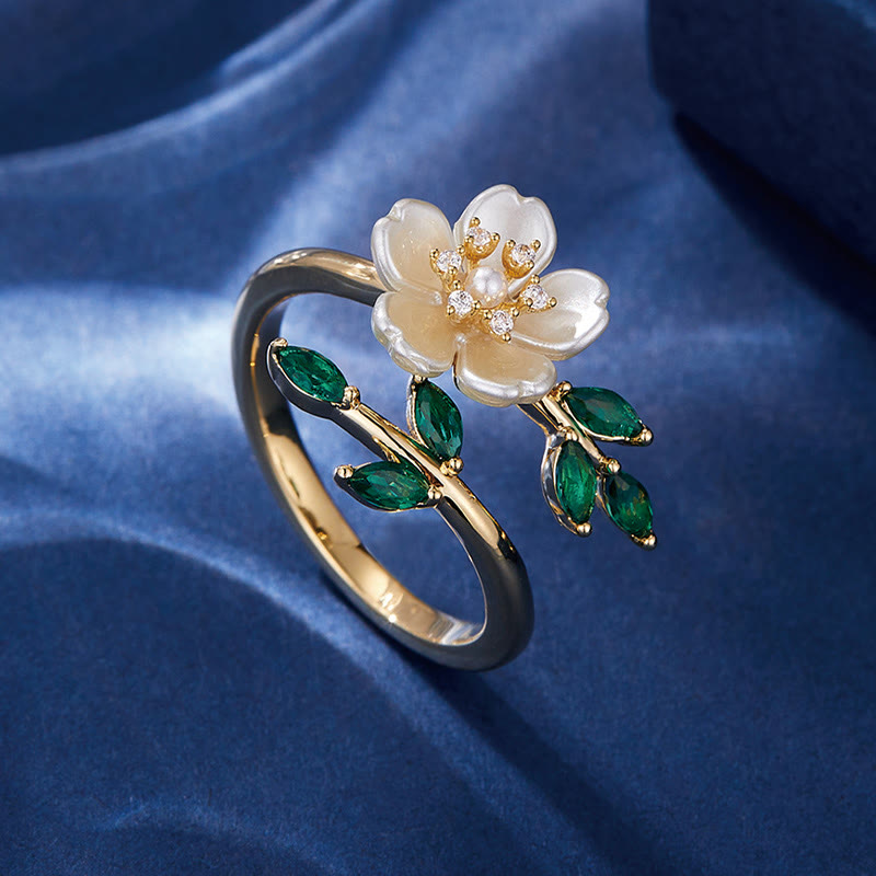 Pearl Flower Zircon Leaves Happiness Wealth Adjustable Ring - Image 3