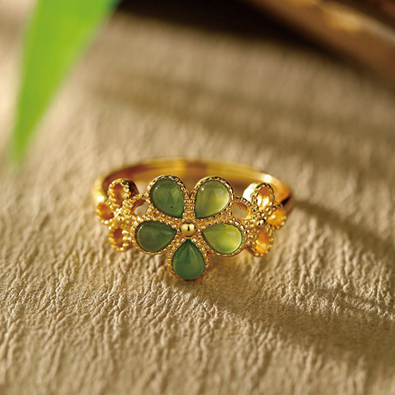 Natural Hetian Jade 925 Sterling Silver Plated Gold Flower Adjustable Prosperity Ring