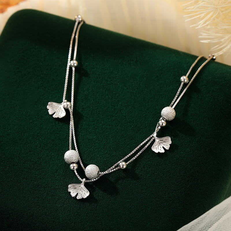 925 Sterling Silver Ginkgo Leaf Double Layer Protection Anklet - Image 3