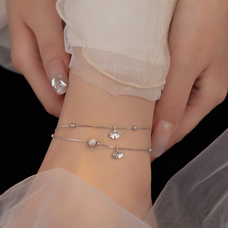 925 Sterling Silver Ginkgo Leaf Double Layer Protection Anklet - Image 4