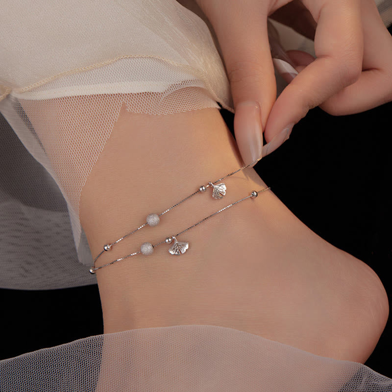 925 Sterling Silver Ginkgo Leaf Double Layer Protection Anklet - Image 6