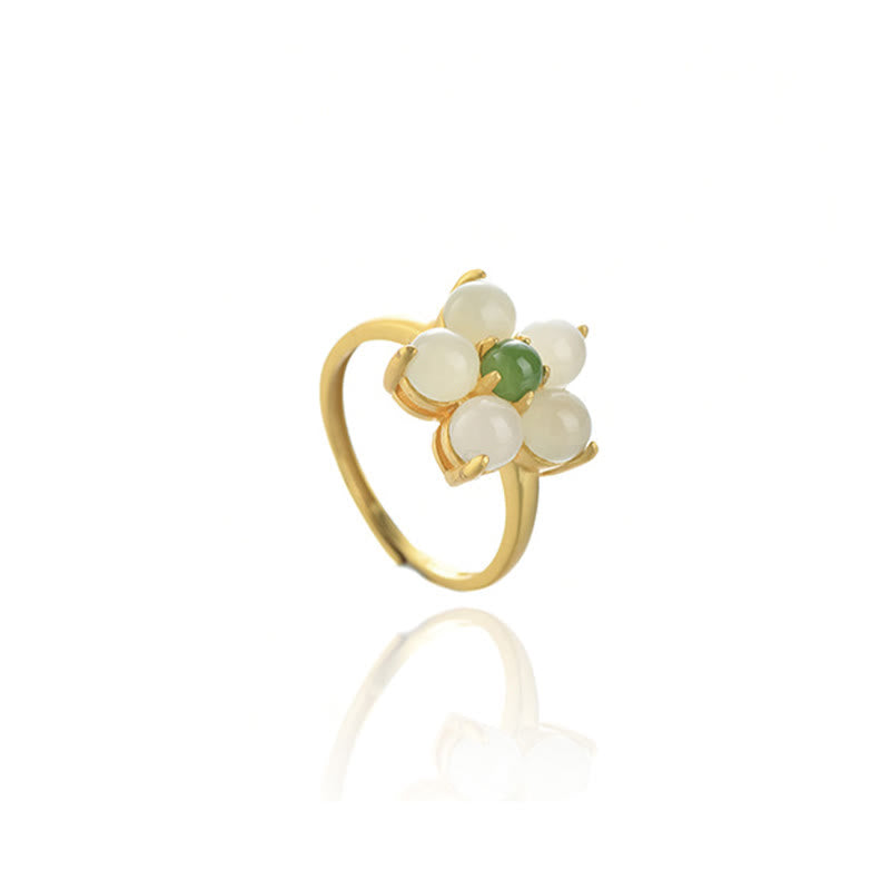 925 Sterling Silver Natural Hetian Jade Peach Blossom Flower Luck Adjustable Ring - Image 13