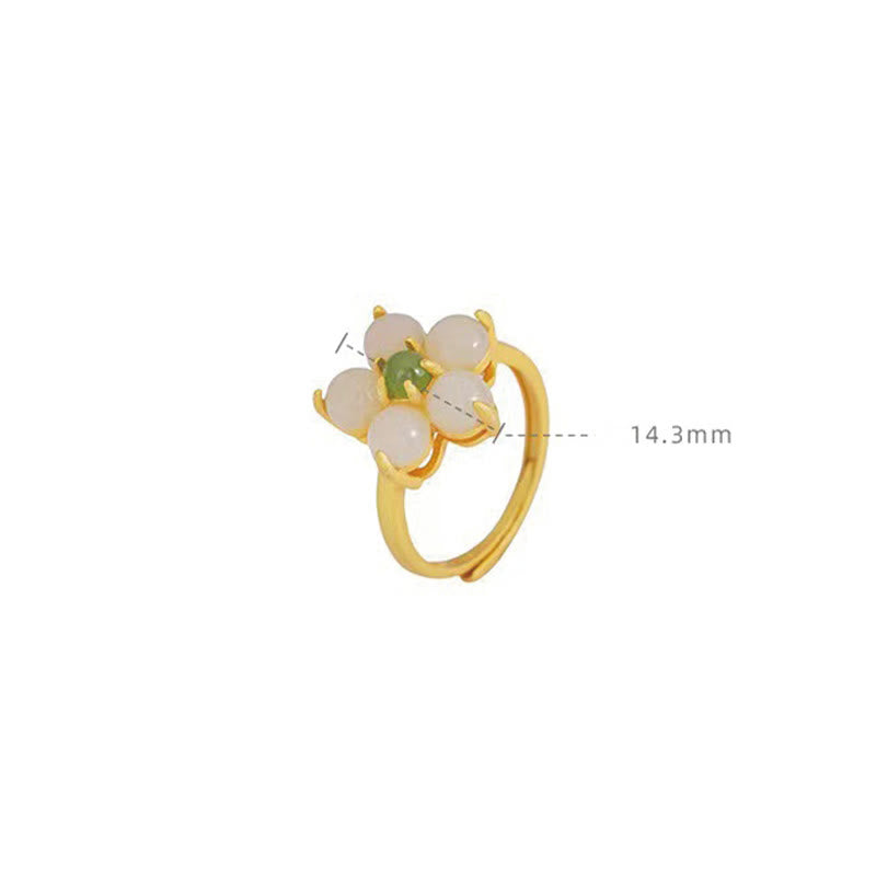 925 Sterling Silver Natural Hetian Jade Peach Blossom Flower Luck Adjustable Ring - Image 14