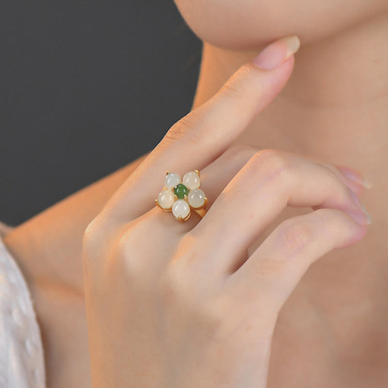925 Sterling Silver Natural Hetian Jade Peach Blossom Flower Luck Adjustable Ring - Image 5