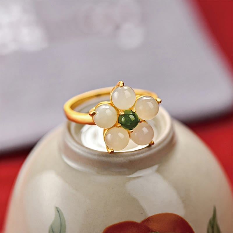 925 Sterling Silver Natural Hetian Jade Peach Blossom Flower Luck Adjustable Ring - Image 3