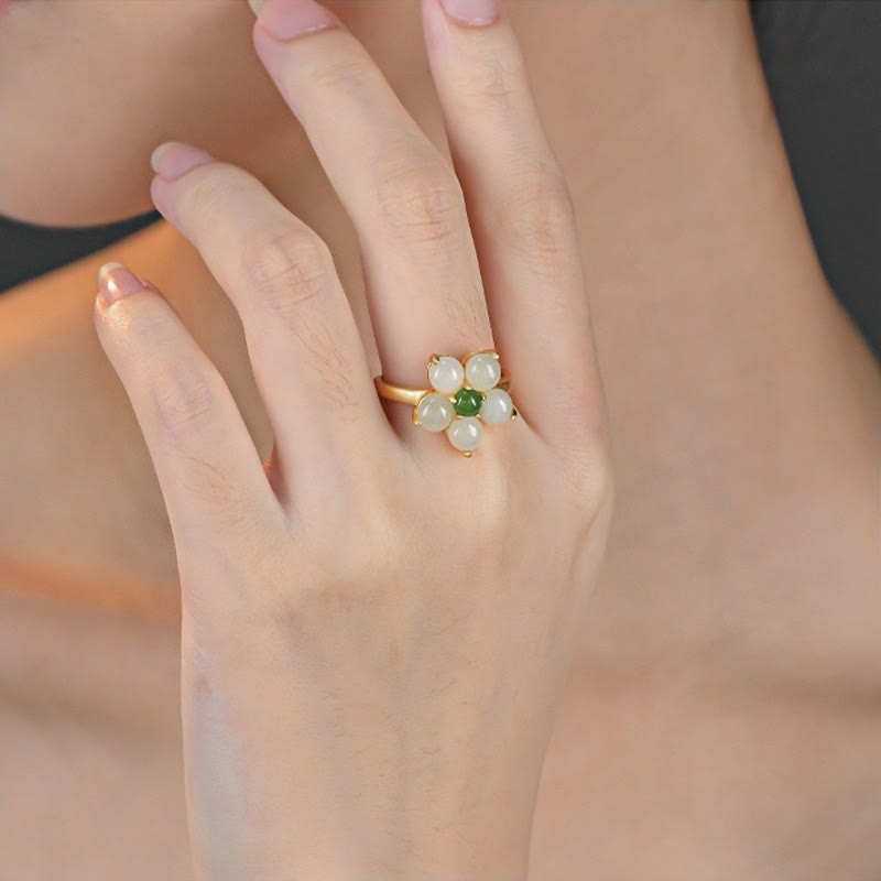 925 Sterling Silver Natural Hetian Jade Peach Blossom Flower Luck Adjustable Ring - Image 10
