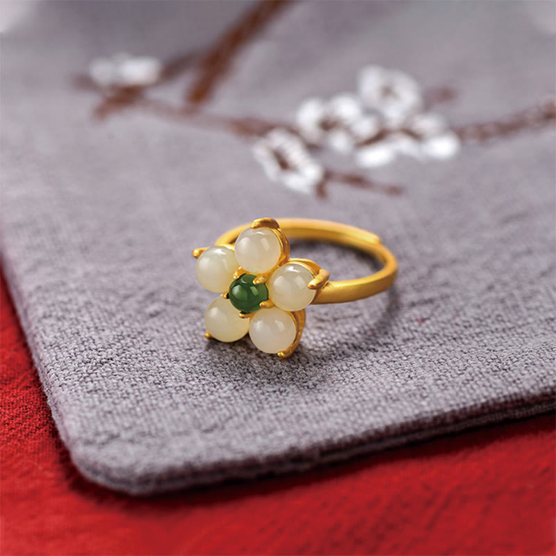 925 Sterling Silver Natural Hetian Jade Peach Blossom Flower Luck Adjustable Ring - Image 11