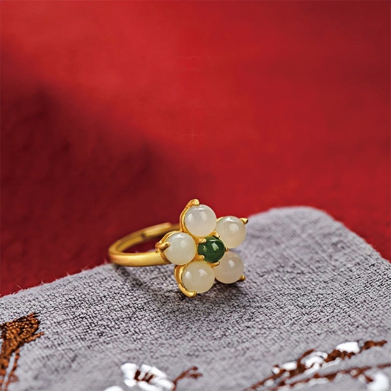 925 Sterling Silver Natural Hetian Jade Peach Blossom Flower Luck Adjustable Ring