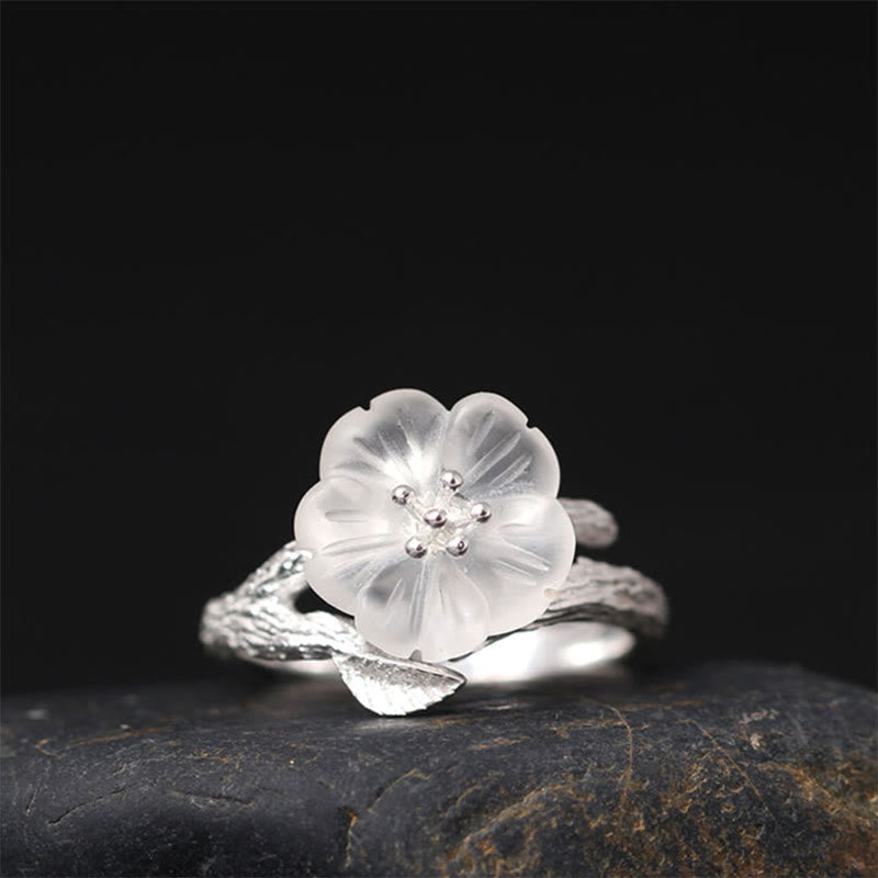 925 Sterling Silver White Crystal Skeleton Flower Adjustable Healing Ring