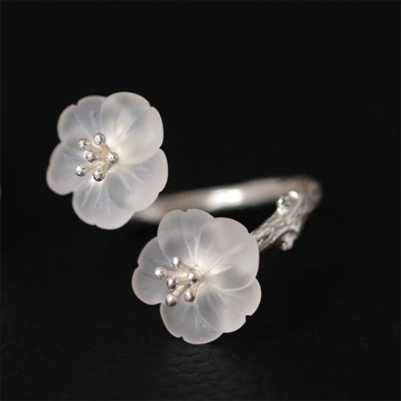 925 Sterling Silver White Crystal Double Plum Blossom Flower Adjustable Protection Ring