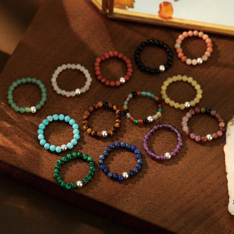 925 Sterling Silver Crystal Beads White Jade Black Onyx Blessing Elastic Ring