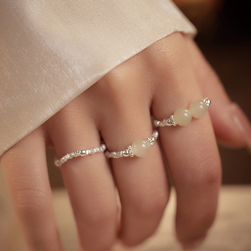 925 Sterling Silver Natural Small Hetian Jade Bead Luck Elastic Ring