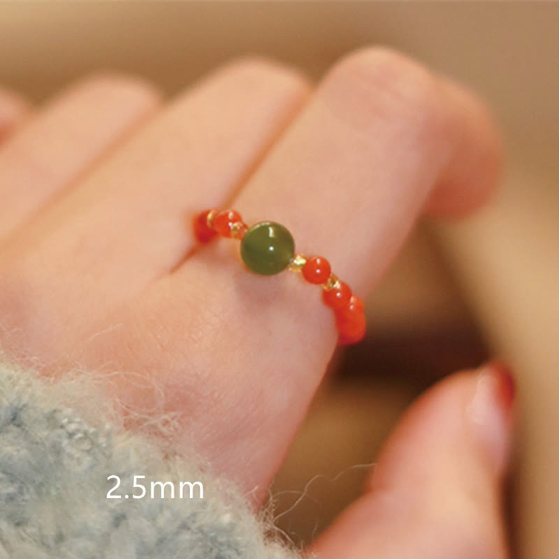 925 Sterling Silver Natural Small Hetian Jade Red Agate Pearl Bead Prosperity Elastic Ring - Image 7