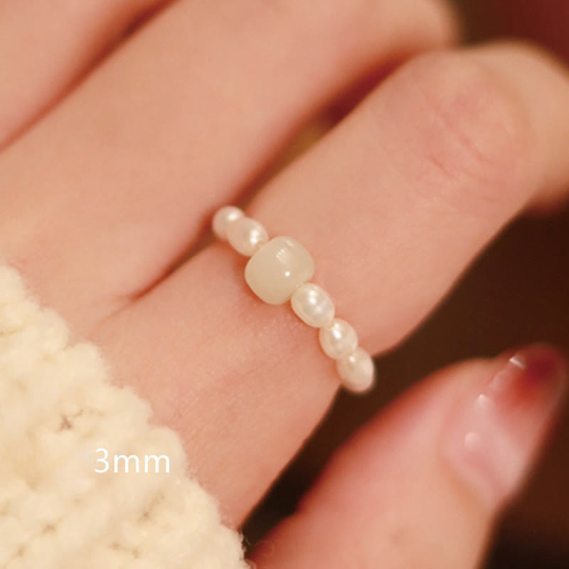 925 Sterling Silver Natural Small Hetian Jade Red Agate Pearl Bead Prosperity Elastic Ring - Image 9