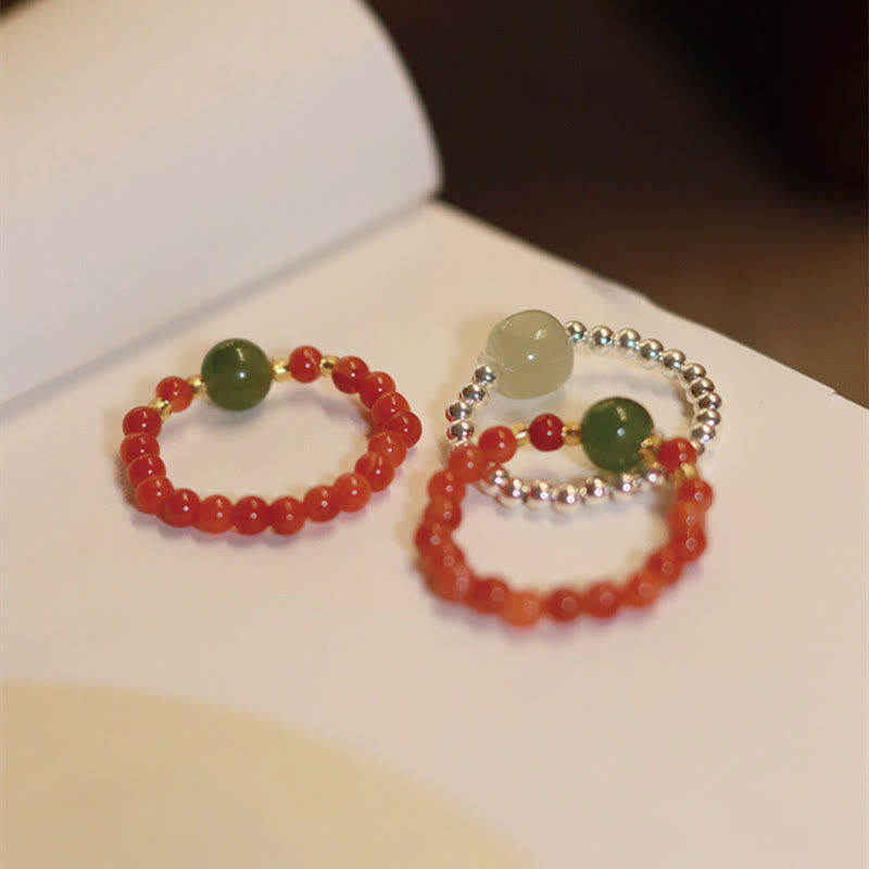 925 Sterling Silver Natural Small Hetian Jade Red Agate Pearl Bead Prosperity Elastic Ring - Image 12