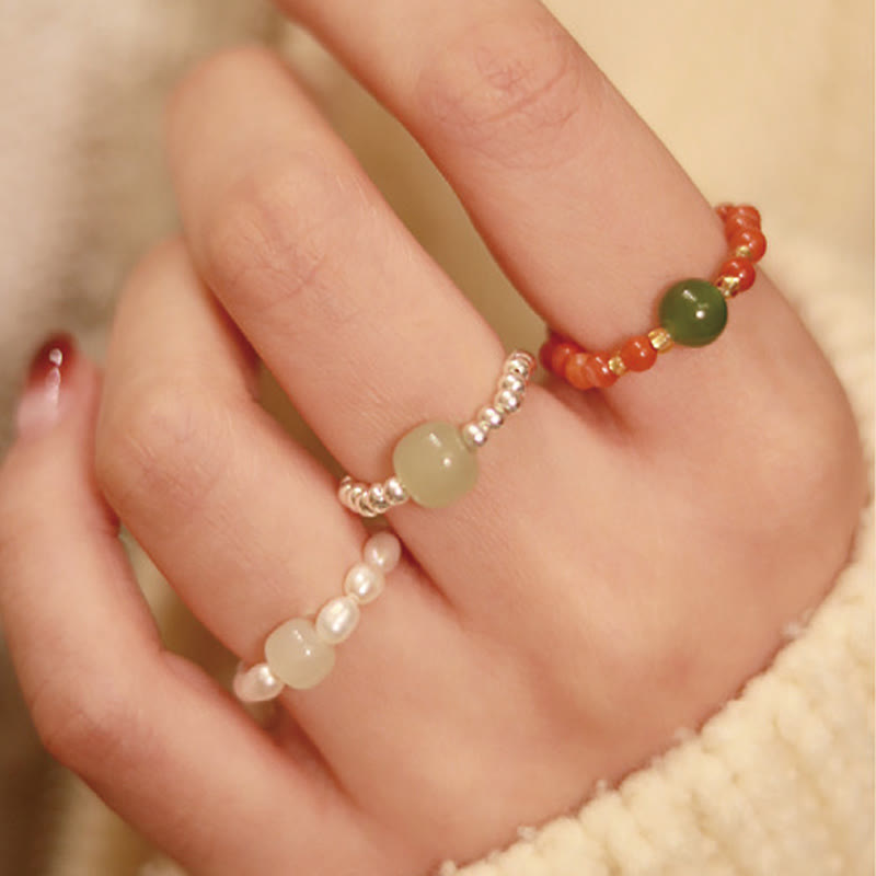925 Sterling Silver Natural Small Hetian Jade Red Agate Pearl Bead Prosperity Elastic Ring - Image 13