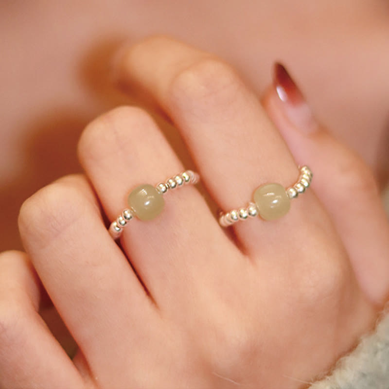 925 Sterling Silver Natural Small Hetian Jade Red Agate Pearl Bead Prosperity Elastic Ring - Image 3