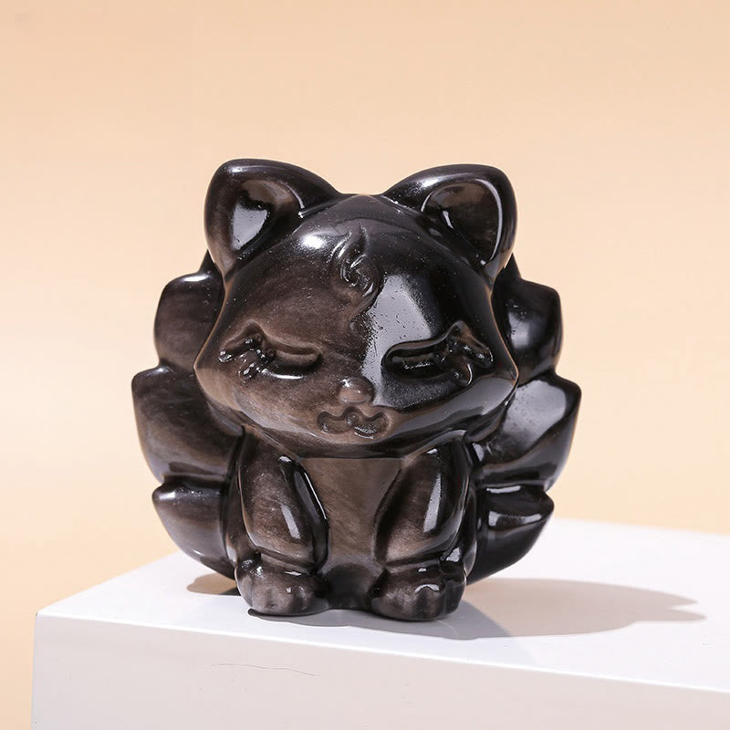 Natural Silver Sheen Obsidian Nine Tailed Fox Protection Home Decoration