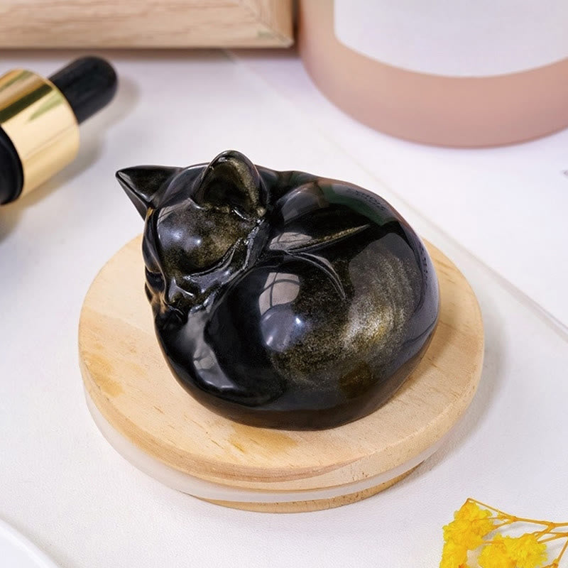 Natural Gold Sheen Obsidian Sleeping Cat Statue Home Decoration - Image 3