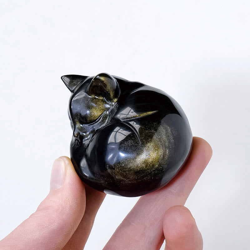 Natural Gold Sheen Obsidian Sleeping Cat Statue Home Decoration - Image 4