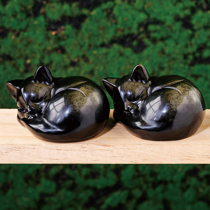 Natural Gold Sheen Obsidian Sleeping Cat Statue Home Decoration