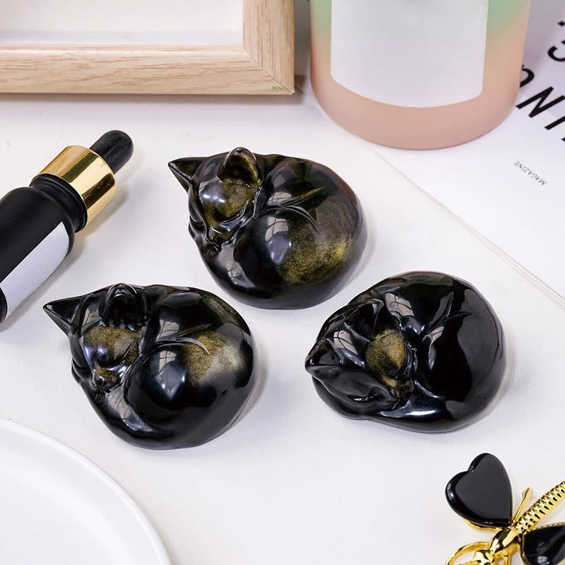 Natural Gold Sheen Obsidian Sleeping Cat Statue Home Decoration - Image 5
