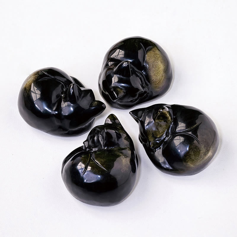 Natural Gold Sheen Obsidian Sleeping Cat Statue Home Decoration - Image 7