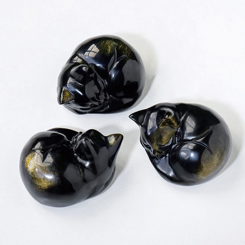 Natural Gold Sheen Obsidian Sleeping Cat Statue Home Decoration - Image 8