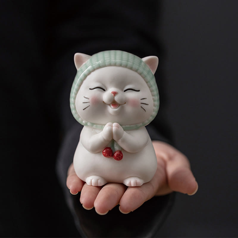 Lucky Cute Cat In Scarf Ceramic Figurine Decoration