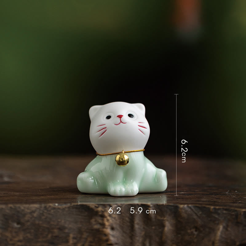 Mini Lucky Cute Cat Light Green White Ceramic Figurine Decoration - Image 5