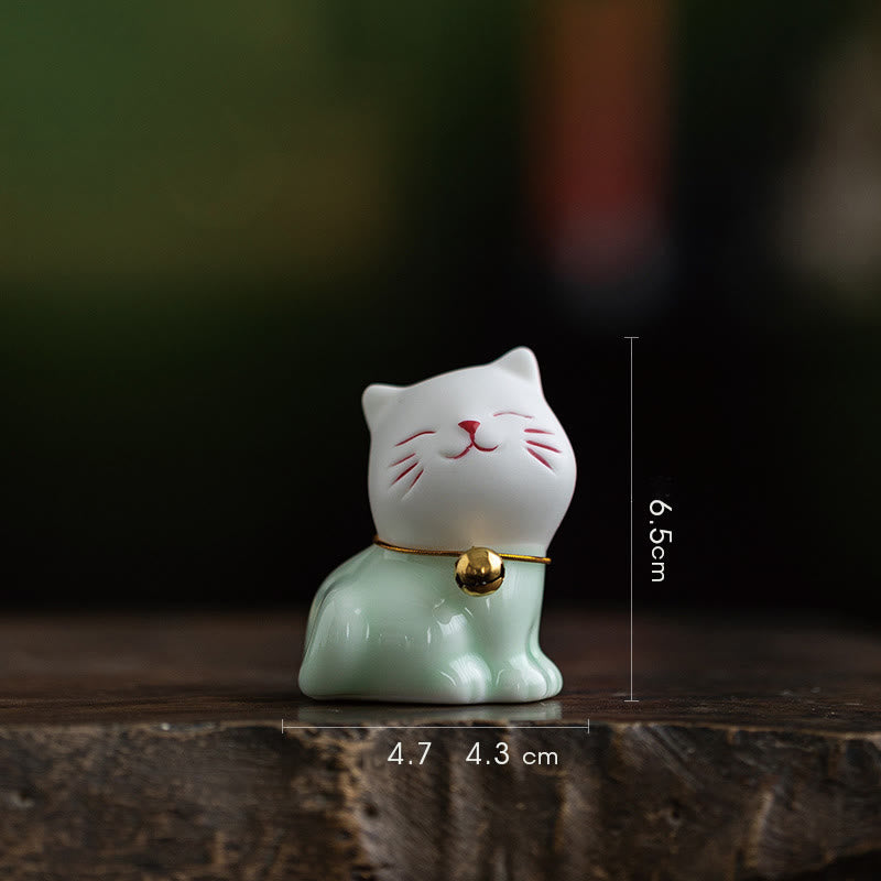 Mini Lucky Cute Cat Light Green White Ceramic Figurine Decoration - Image 3