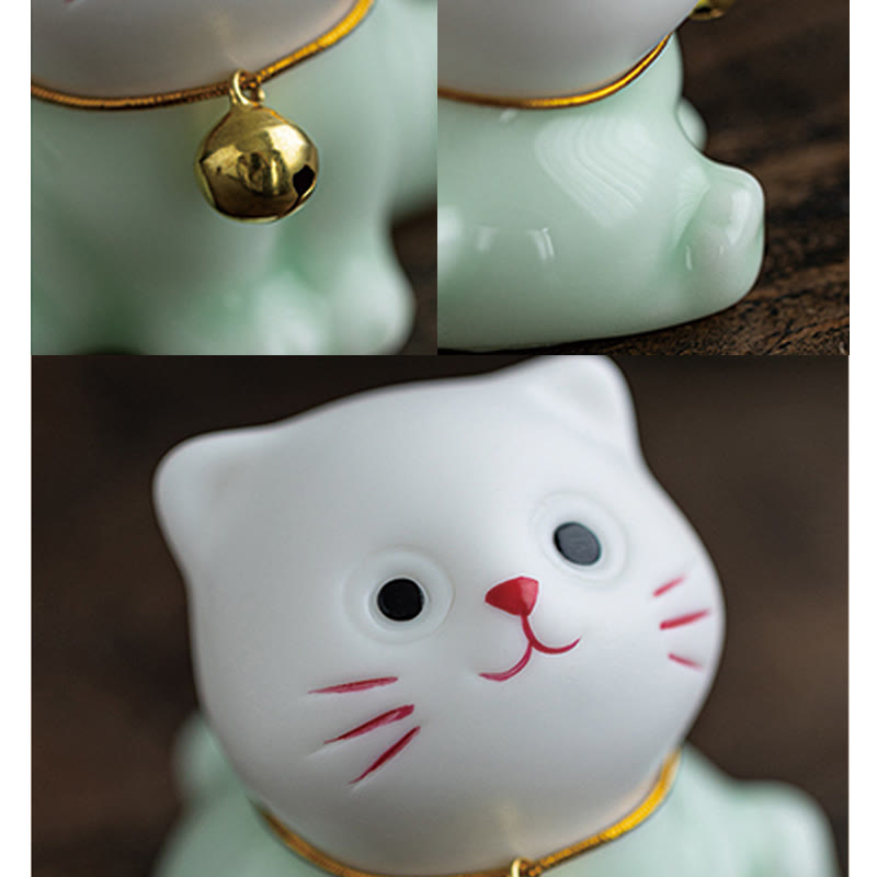 Mini Lucky Cute Cat Light Green White Ceramic Figurine Decoration - Image 12